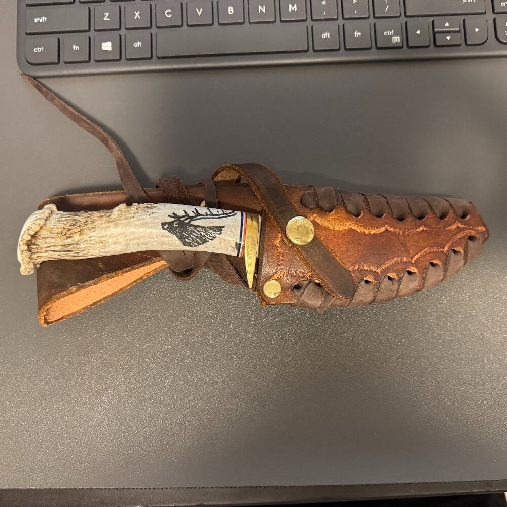 Handmade Forged Damascus Steel Knife w/ Elk Antler Bone Handle